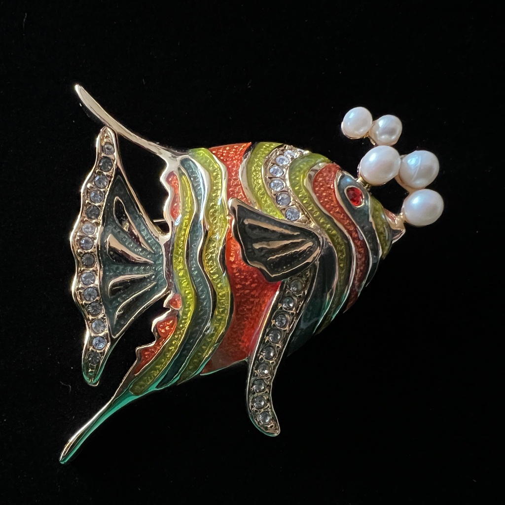 Vintage Bob Mackie Enamel Fish With Bubbles Brooch 125$